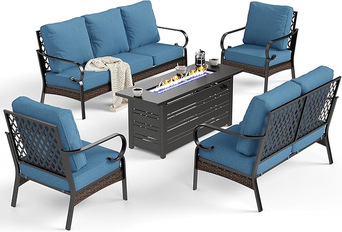 SUNSHINE VALLEY 5 Piece Metal Outdoor Patio Furniture Sets with Firepit Table, Patio Conversation Sets 1 3-Seater Sofa, 1 Loveseat, 2 Single Sofa with 5.75" Cushion for Backyard Deck, Denim Blue