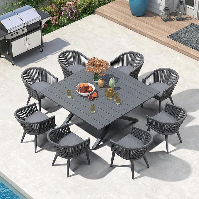 PURPLE LEAF 9 Pieces Outdoor Dining Set with Patio Aluminium Square Dining Table and Wicker Rattan Chairs Modern Furniture Cushions Sets for Backyard Indoor Decor Kitchen Grey