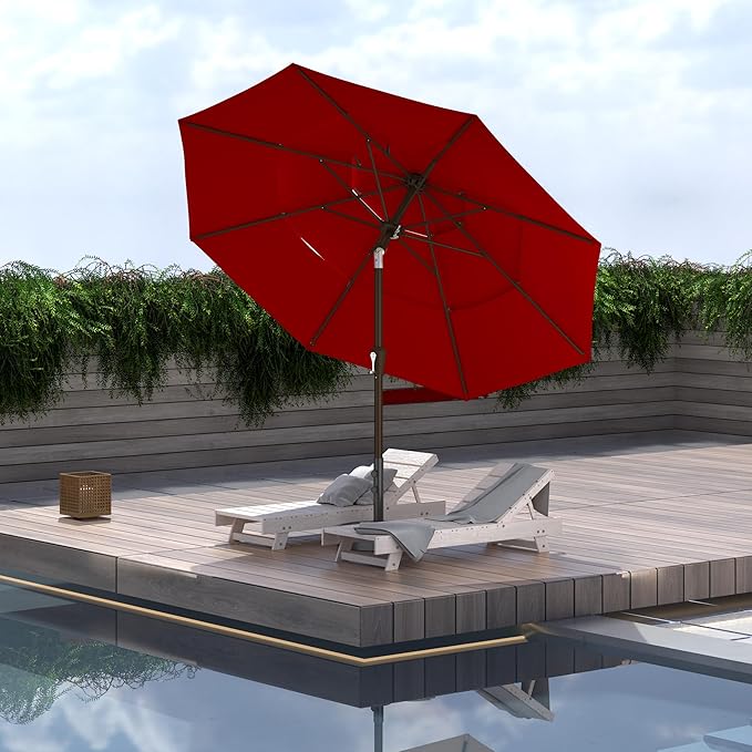 Ayge 9FT 3-Tier Large Outdoor Patio Umbrella Market Table Umbrella-UV Resistant,Easy Push Button Tilt and Crank,8 Sturdy Fiberglass Ribs Heavy-Duty Pool Umbrella for Deck,Backyard,Garden,Yard,Red