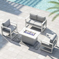 LayinSun 4 Pieces Aluminum Outdoor Patio Furniture Set, Metal Modern Conversation Sofa Set with Fire Pit Table and Washable Thick Cushions for Porch, Backyard, Deck