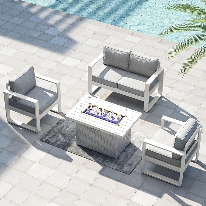 LayinSun 4 Pieces Aluminum Outdoor Patio Furniture Set, Metal Modern Conversation Sofa Set with Fire Pit Table and Washable Thick Cushions for Porch, Backyard, Deck
