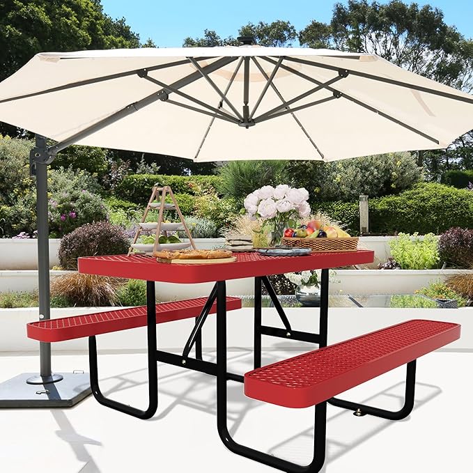 72'' Rectangular Metal Picnic Table for Outdoors,Heavy-Duty Portable Commercial Picnic Tables Bench Set with Umbrella Hole,School Canteen Table W/Seats - Patio Dining Furniture for Patio Garden