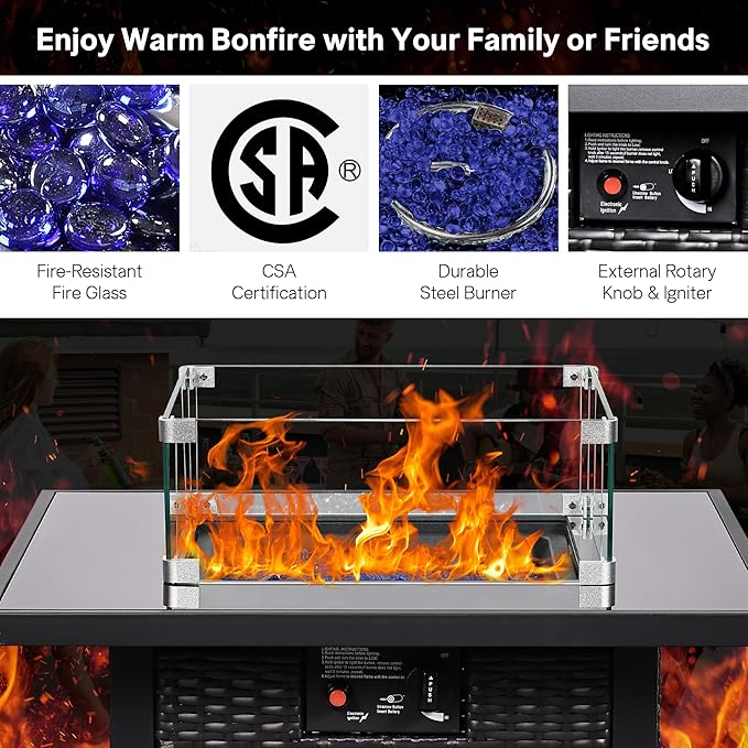 FHFO 28" Propane Fire Pit Table, Outdoor Square Fire pits with Cover,50,000 BTU Steel Gas Firepit, CSA Certified, Pulse Ignition,Glass Stone,Wind Guard, Ideal for Outdoor Patio, Outside, Dining-Black