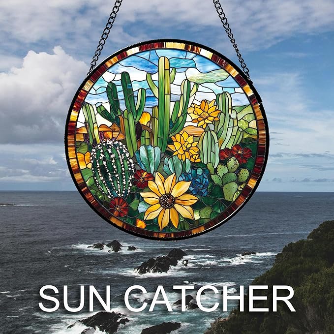 QZQCBLC Stained Glass Window Hanging Green Cactus with Yellow Flowers 7.8" - Suncatcher Door Garden Sun Catcher Home Decor Birthday Christmas for Mom Men Woman Friend Nana