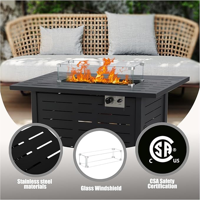 Fire Pit Table, 43" Outdoor Fire Pit Table, 50,000 BTU Gas Fire Table with Lid, Glass Wind Guard for Outside Garden Backyard Deck Patio