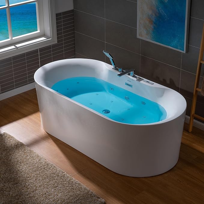 WOODBRIDGE 72" x 35-3/8" Whirlpool and Air Bath Heated Soaking Combination Tub with Adjustable Speed Air Blower, Tub Filler and Display Control Panel, White,BJ-600+F0041