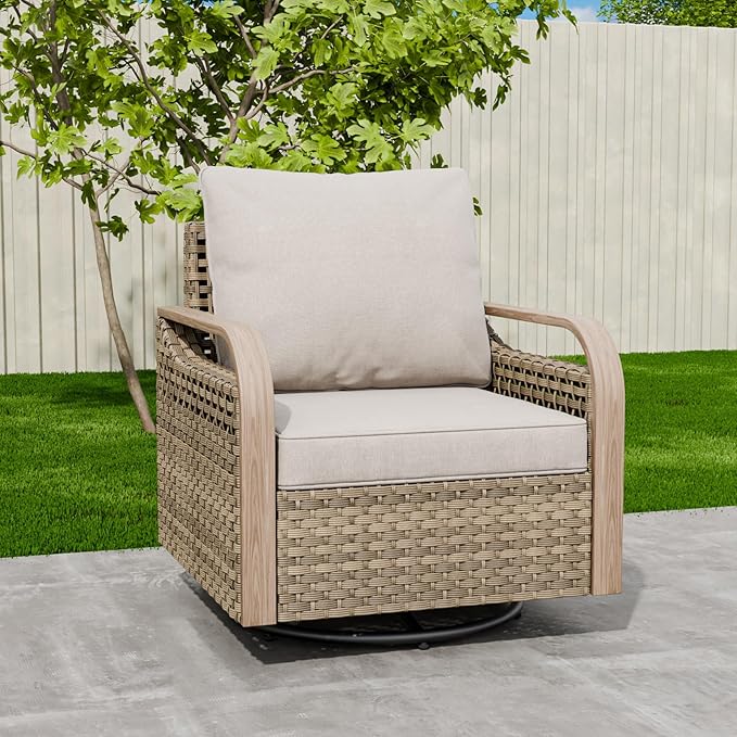 EAGLE PEAK Modern Wicker Outdoor Glider Rocking Chair, Swivel Rocker, Rattan Patio Furniture for Yard Deck Porch Garden, 1 Chair, Brown/Gray