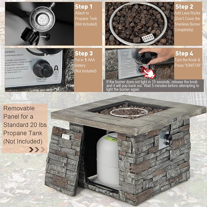 Tangkula 34.5 Inch Faux Stone Propane Fire Pit Table, Patiojoy Square Gas Fire Pit with Metal Lid, Lava Rocks, Stainless Steel Burner & PVC Cover, 50,000BTU Outdoor Fire Table