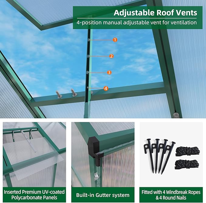 KEIKI 6x4 FT Polycarbonate Greenhouse for Outdoors, Heavy-Duty Aluminum Walk-in Greenhouse with Raised Base, Roof Vent & Drainage System, All-Season Garden Greenhouse, Green