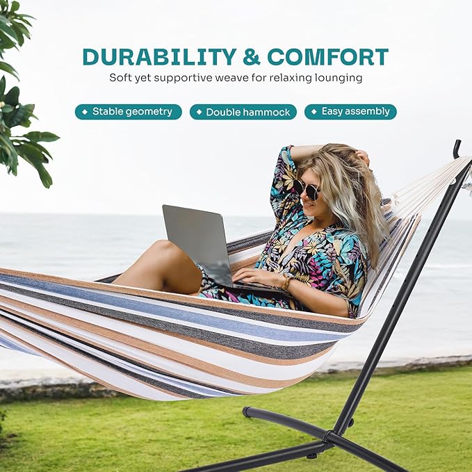 NEWBULIG Double Hammock with Stand, Heavy Duty Portable Hammocks for Outdoor Indoor Patio Camping, Space Saving Design & Carry Bag, Easy Assembly, 450lb Weight Capacity
