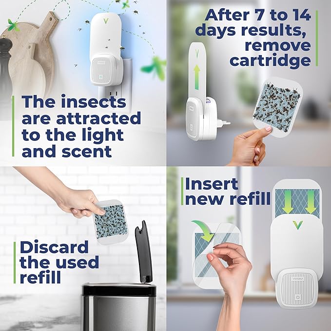 VEYOFLY Fly Trap Indoor, Fruit Fly Traps for Indoors, (1 Device + 3 Refills) Gnat Traps for House Indoor, Fly Catcher Indoor, Plug in Light Flying Insect Trap, Bug Light Killer, Fly Trap