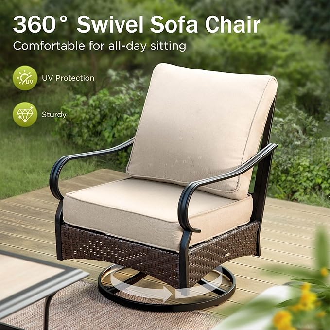 PHI VILLA Outdoor Modern Patio Furniture Set, Upgraded Wicker&Metal Patio Furniture Conversation Set with Waterproof Thick Cushions for Porch, Poolside, Deck, and Yard (6 Pieces,Beige)