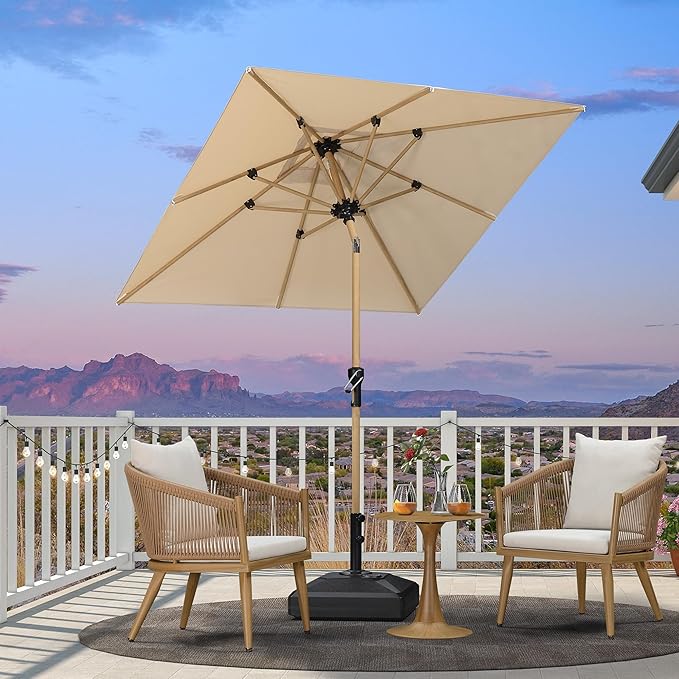 PURPLE LEAF 6' x 6' Square Outdoor Umbrella with Base Outdoor Table Umbrella Aluminum Patio Umbrella with Push Button Tilt & Crank and 8 Ribs Market Umbrella for Pool Backyard Beach, Beige