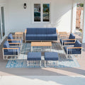 Luxury Outdoor Furniture Set with Swivel Chairs, 10 PCS Patio Furniture Set with 6" Extra Thick Cushions, Suitable for Porch, Balcony, Deck, Patio, Yard, Poolside, White/Blue