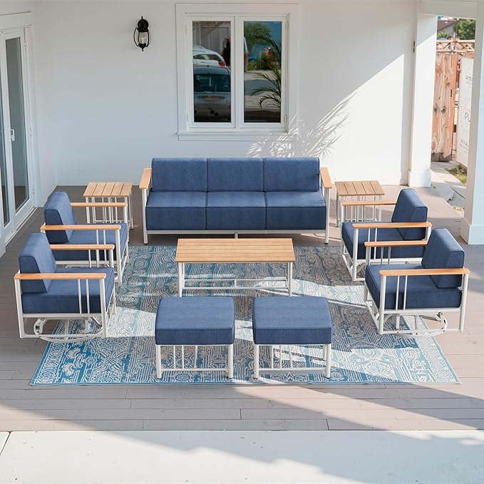 Luxury Outdoor Furniture Set with Swivel Chairs, 10 PCS Patio Furniture Set with 6" Extra Thick Cushions, Suitable for Porch, Balcony, Deck, Patio, Yard, Poolside, White/Blue
