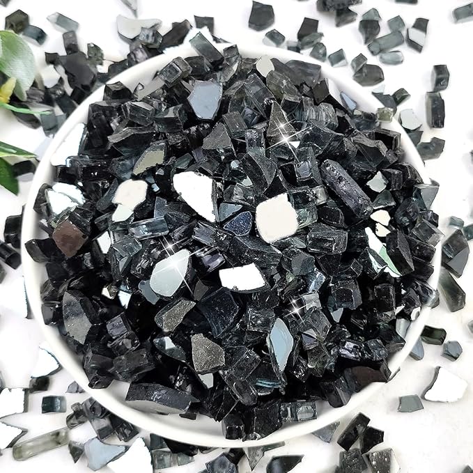 Fire Glass for Propane Fire Pit, 1/4 Inch High Reflective Fireplace Glass Rocks for Fire Pit Table, Fire Pit Glass Rocks for Outdoor Fire Table and Landscaping, 5 lbs, Black Reflective