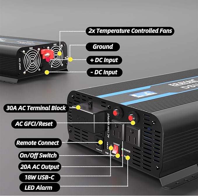 Erayak 2000W Pure Sine Wave Inverter 12V DC to 110V 120V AC Converter for Home, RV, Truck, Off-Grid Solar Power Inverter with 18W USB-C, Fast Charger, LCD Monitor, 6m Remote Controller