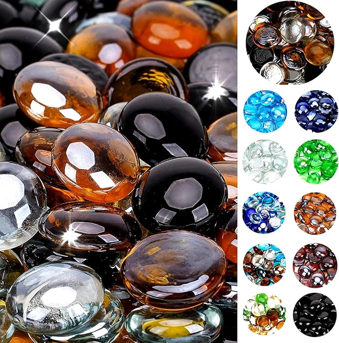 onlyfire 10 Pounds Fire Glass Beads for Propane Fire Pit and Gas Fireplace, 1/2 Inch Round Firepit Glass Rocks Flat Marbles for Fire Pit Table, Onyx Black, Crystal Ice and Caramel Luster