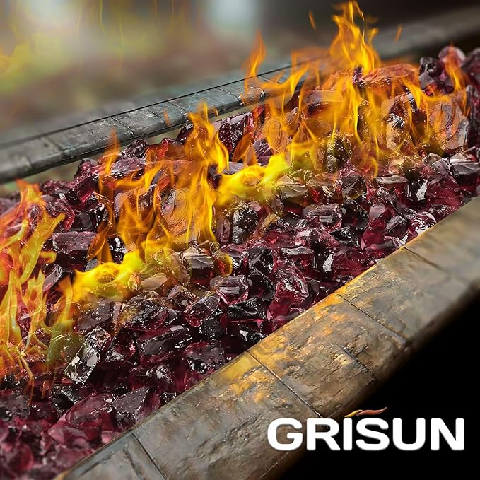 Grisun Wine Red Fire Glass for Pit, 20 Pounds 1/2 Inch Tempered Rocks Natural or Propane Fireplace, Safe Outdoors and Indoors Firepit