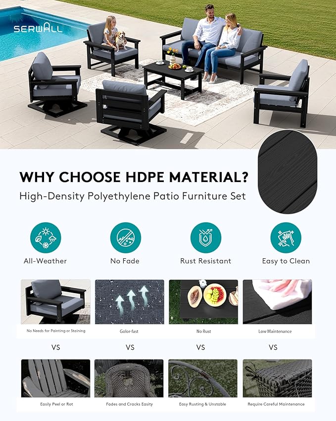 SERWALL HDPE Outdoor Patio Furniture Set, 8-Piece Outdoor Sectional Sofa with 2 Single Seat Swivel Sofas with Thick Cushions for Lawn, Deck, Black Frame with Gray Cushions