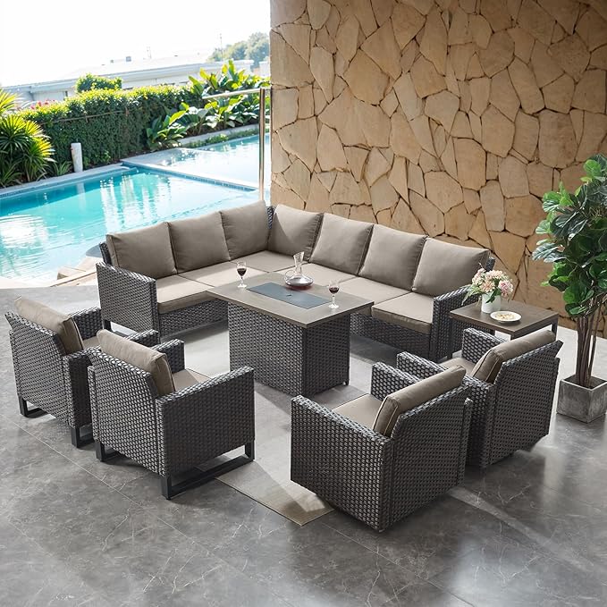 HUMMUH 8 Piece Patio Furniture with Fire Pit,PE Wicker Outdoor Conversation Sets-6-Seater Sofa,Patio Swivel Chairs Outdoor Chairs, Propane Fire Pit,Side Table for Porch,Garden,Backyard(Brown/Grey)