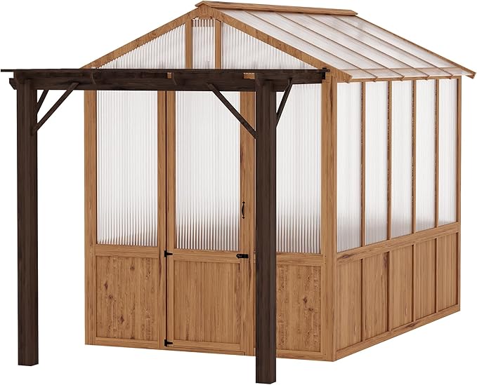 8X13ft Greenhouse Kit with Pergola, Wooden Walk-in Green House with Cedar Frame, Greenhouse Kit with 6mm Thick Polycarbonate Panel