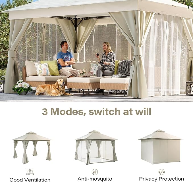 LAUSAINT HOME Gazebo 10x10ft, Heavy Duty Patio Gazebo with Expansion Bolts, Party Canopy Tent with Double Roofs, Mosquito Nettings and Privacy Screens for Backyard, Garden, Lawn, Cream White