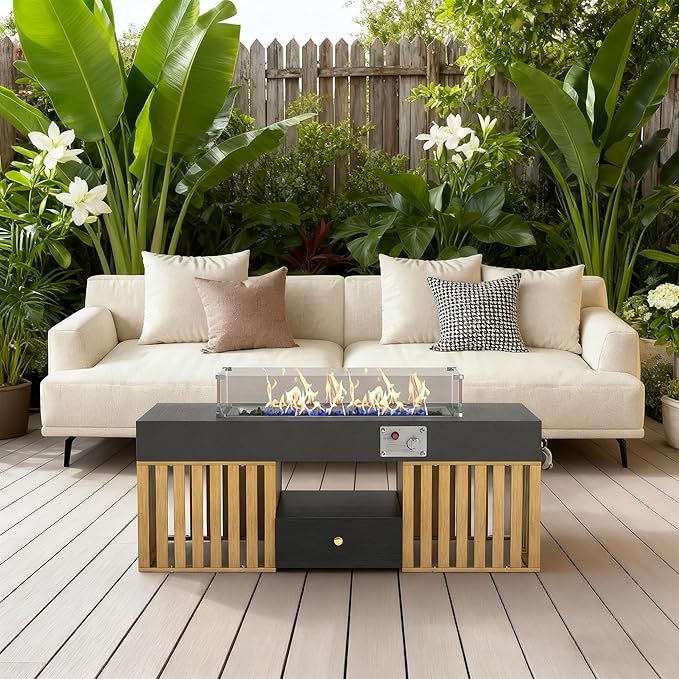 47.24" Outdoor Gas Fire Pit Coffee Table with Wood Storage Drawer and Tempered Glass Wind Guard, Stainless Steel Tabletop Patio Fire Pit Table for Backyard, Garden, Picnic or Party