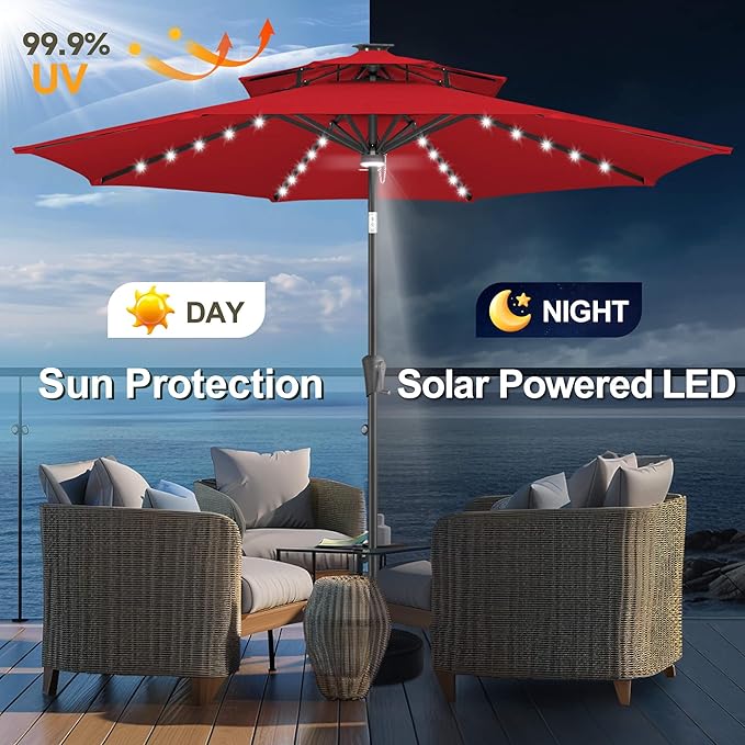 FLAME&SHADE 9 ft Double Top Solar Patio Outdoor Umbrella with 40 LED Lighted and Tilt, Market Table Umbrella for Pool, Porch, Garden, Deck, Yard Red