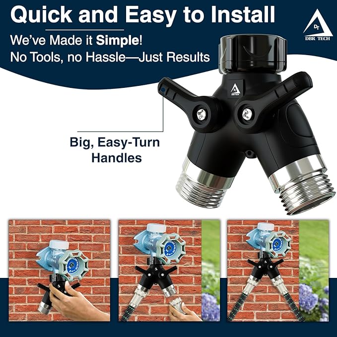 DBR Tech® Garden Hose Splitter 2 Way Heavy Duty | Faucet Adapter with Long Handle, Outdoor Water Spigot Hose Bib Y Wye Splitter, Dual Outlet Shut Off Valve Hose Connector, Leak Free