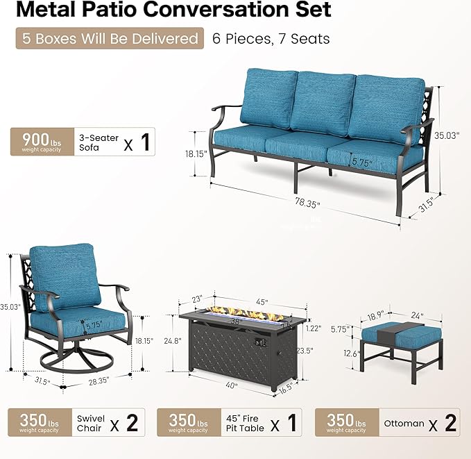 SUNSHINE VALLEY 6 Piece Metal Outdoor Patio Furniture Set with Firepit Table, Patio Conversation Set 3-seater Sofa, 2 Swivel Chair, 2 Ottoman with 5.75" Thick Cushion, Black Backyard Furniture, Blue-2