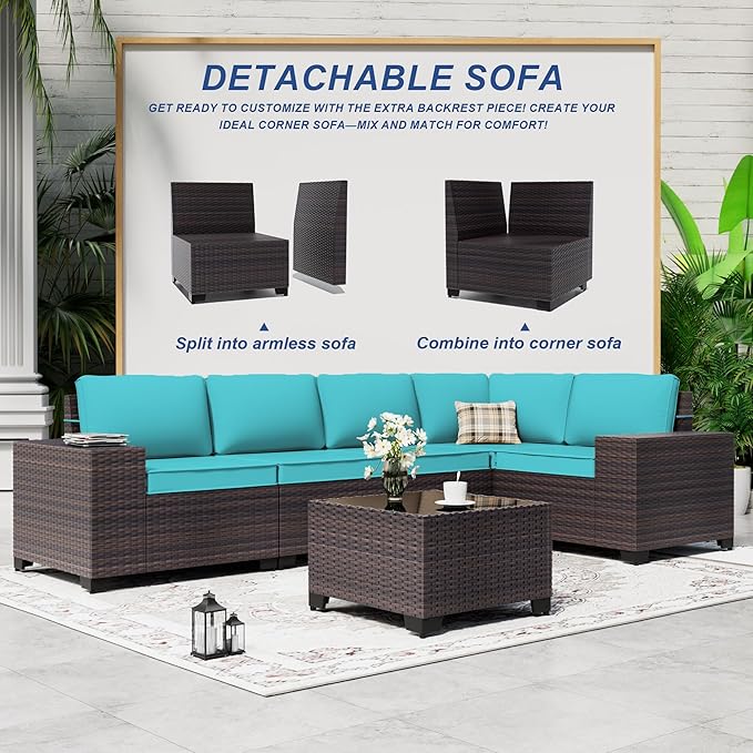 Outdoor Patio Furniture Set, 6 Pieces Outdoor Sectional Furniture High Backrest Patio Sofa, All-Weather PE Rattan Patio Conversation Set with Coffee Table & Cushions(Teal).