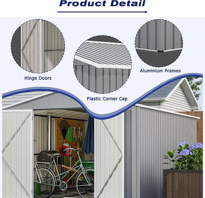 8 * 12 FT Outdoor Storage Shed with Floor Frame Heavy-Duty Metal Sheds & Outdoor Storage with Vents, Sloping Roof and Lockable Doors Waterproof Garden Tool Shed for Backyard Patio Lawn, Grey