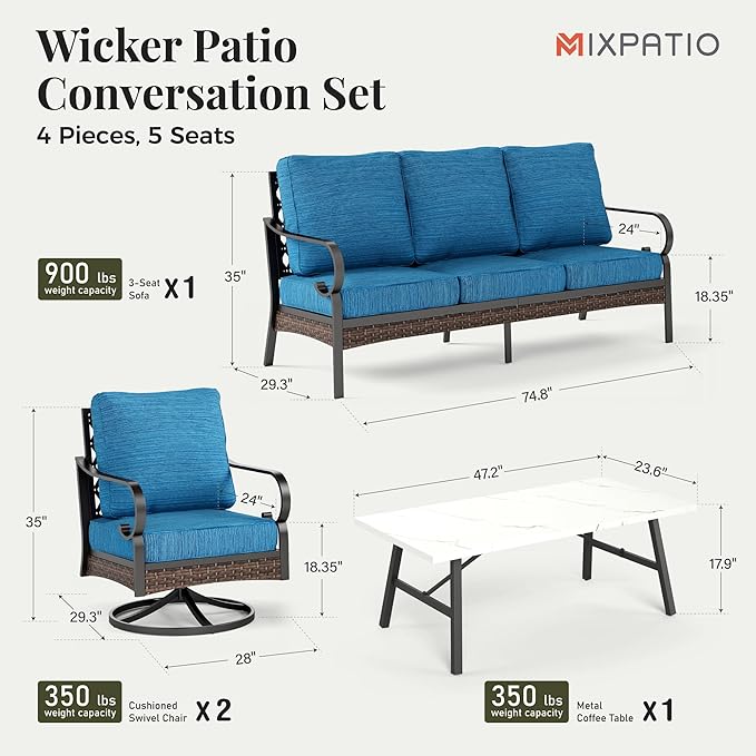 Patio Furniture Set with Coffee Table, Outdoor Conversation Set with 2 x Swivel Chairs, 1 x 3-Seat Sofa for Lawn Garden Backyard, Pacific Blue