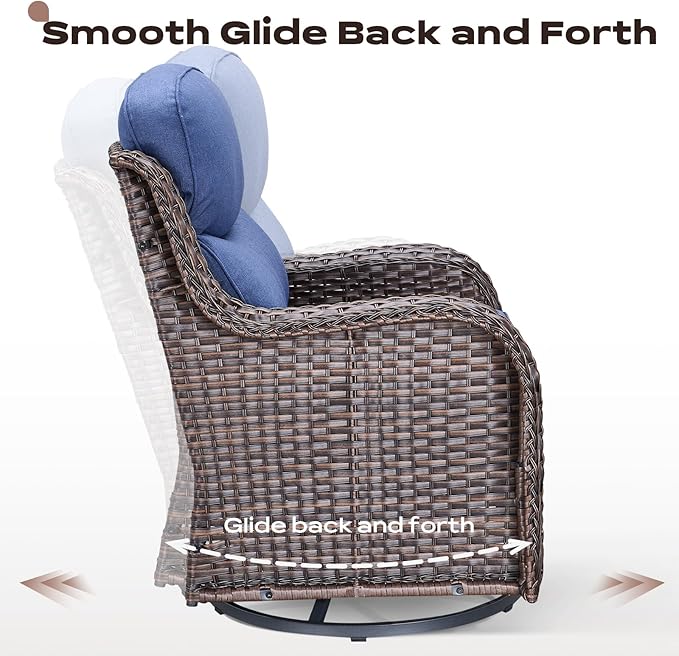 Rilyson Wicker Outdoor Patio Furniture Set - 5 Piece Patio Conversation Sets with Swivel Rocker Chairs, Ottomans and Side Table, 6 inch Cushions, Waterproof Wicker, for Porch Deck Brown/Blue