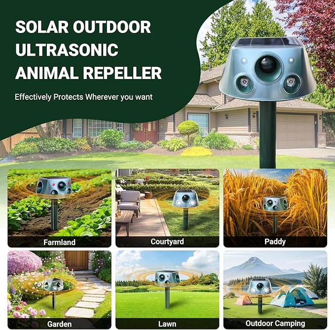 360° Deer Repellent Device, IP66 Waterproof Solar Ultrasonic Animal Repellent, Pest Repeller with Motion Detection & PIR Sensors, Cat Deterrent Outdoor for Repelling Sankes, Raccoons, Cats, Dogs