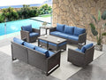 HUMMUH 8 Piece Patio Furniture Set Outdoor Sectional Sofa,High Back Patio Swivel Rocker Chairs with Ottomans Coffee Table for Porch,Garden,Backyard(Brown/Blue)