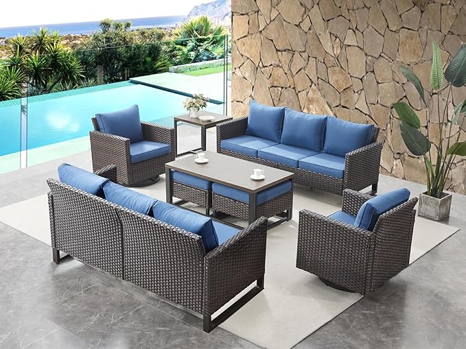 HUMMUH 8 Piece Patio Furniture Set Outdoor Sectional Sofa,High Back Patio Swivel Rocker Chairs with Ottomans Coffee Table for Porch,Garden,Backyard(Brown/Blue)
