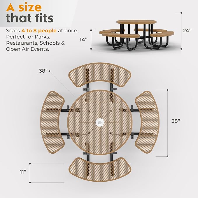 OUTTANS Round Metal Picnic Tables for Kids for Outdoors with Umbrella Hole, Adjustable Seats for School, Park, Playground (Brown, 38 in, Kids, Expanded Steel)