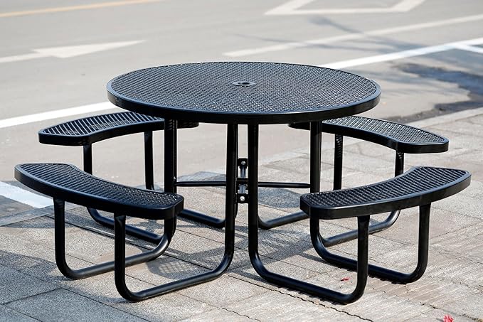 Sunnibety 8-Person Picnic Tables for Outdoors, Industrial 46" Expanded Metal Round Picnic Table with 4 Benches & Umbrella Hole, Outside Table and Bench Set for Park, Garden, Backyard, Patio, Black