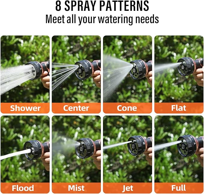 Heavy Duty Garden Hose Nozzle, 100% Metal Water Hose Sprayer with 8 Spray Patterns, Hose Nozzle with Thumb Control, On Off Valve, for Lawn & Plant Watering, Car & Pet Washing