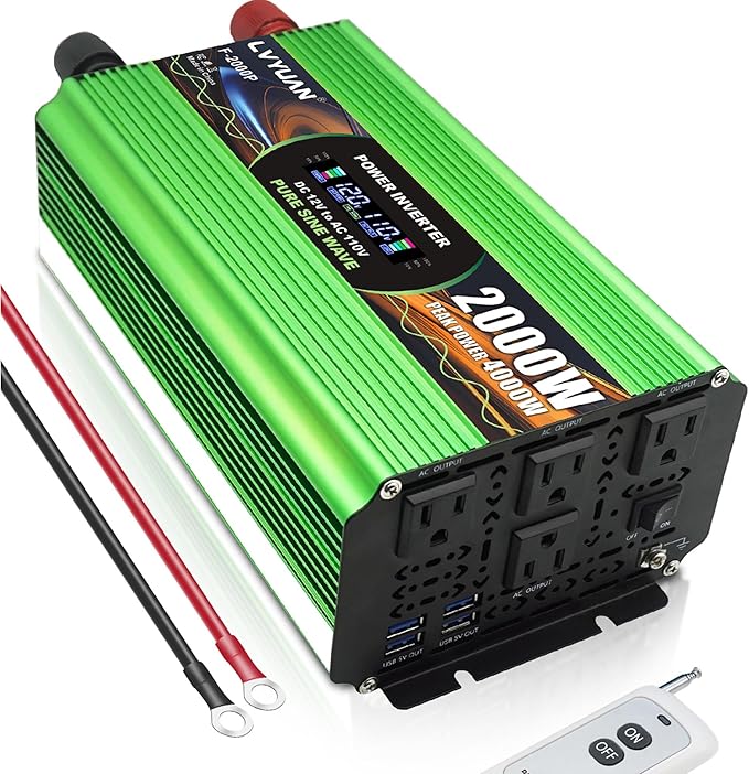 2000W Pure Sine Wave Power Inverters, LVYUAN 4000W Peak Power 12V DC to AC 120V Power Converter for RV, Truck, Outdoor, Remote Control Quadruple AC Outlets and USB Ports Inverter with LCD Display