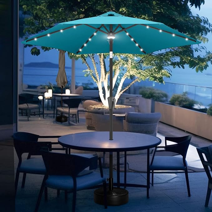 FLAME&SHADE 7.5 ft Solar Powered Outdoor Market Patio Table Umbrella with LED Lights and Tilt, Aqua Blue