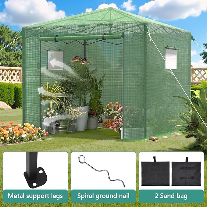 Pop Up Greenhouse, 10x10 FT Pop Up Green House for Outdoors, Portable Greenhouses, Walk-in Greenhouses, Popup Greenhouse Kit, Easy Set Up