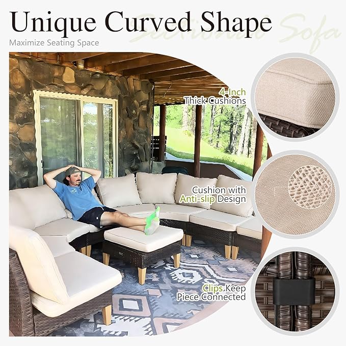 Sophia & William Oversized Half-Moon Outdoor Patio Furniture Set, 12 Piece Curved Outdoor Sectional Sofa Rattan Patio Conversation Set with 4 x Curved Sofa, 2X Armless Chairs, 2 x Ottoman, Beige