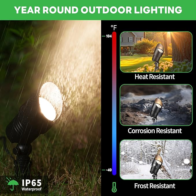 Varmtalys Landscape Spotlights Low Voltage - Warm & Cool White Adjustable Temp Uplight, Outdoor 12V LED Spot Lights, Wired IP65 Waterproof Aluminum, Black for Exterior House Tree Garden Yard