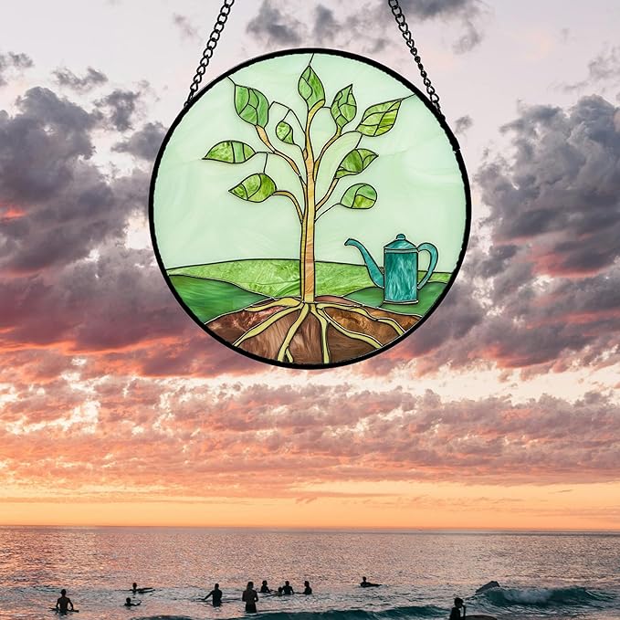 AMDERVEN Stained Glass Window Hanging 4 Pcs Set Pink Green Spring Saplings Flowers 9.8" - Suncatcher Door Garden Sun Catcher Home Decor Mother's Day for Woman Nana Mom Men