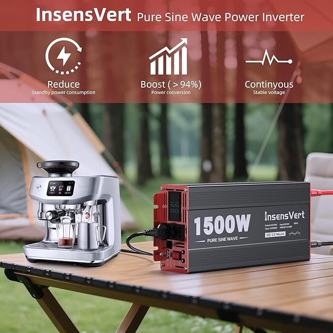 1500 Watt Pure Sine Wave Power Inverter DC 12V to 120V AC, with 2 AC,18W USB, and 30W Type-C Charging Ports, Car Solar Power Inverters with LCD Display for Home RV Truck, Surge 3000W(1500W-12V)