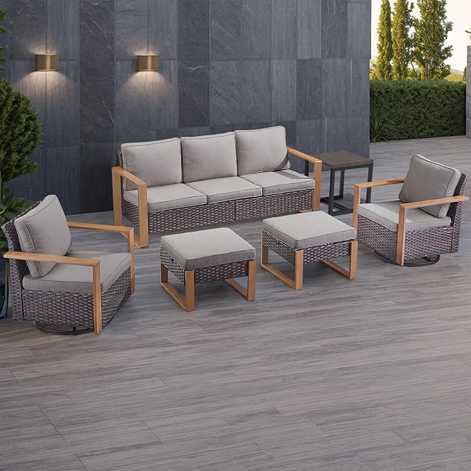 Rilyson Outdoor Wicker Patio Furniture Set - 6 Piece Patio Conversation Set with 2 Wicker Swivel Rocker Chairs,2 Rattan Ottoman,1 Side Table and 1 Couch,Thick Cushions,Deep Seating(Brown/Grey)