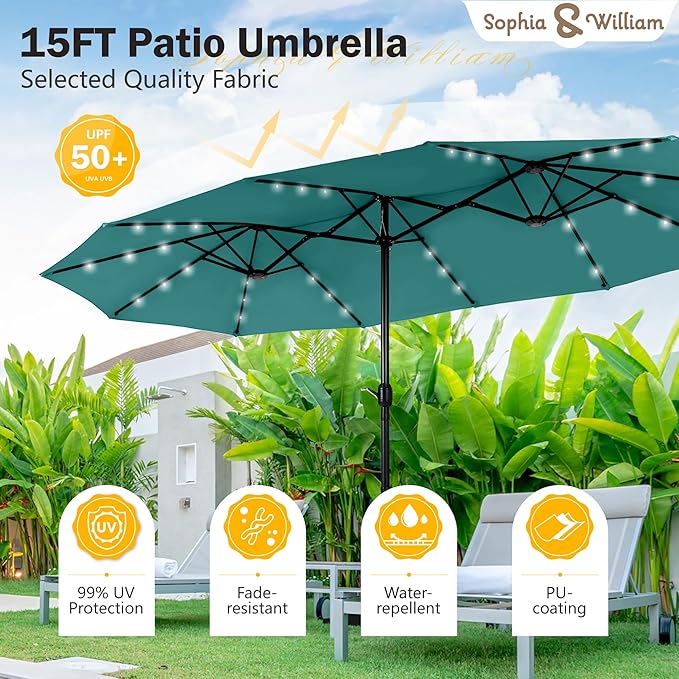 Sophia & William 15 ft Extra Large Patio Umbrella with Solar Lights, Rectangular Outdoor Umbrella with Base Included, Market Umbrella Double-sided Heavy Duty for Pool Garden Backyard, Turquoise